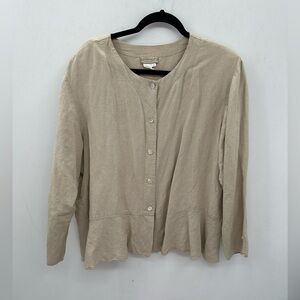 COLDWATER CREEK tan linen blend ruffle waist button down top.  2X